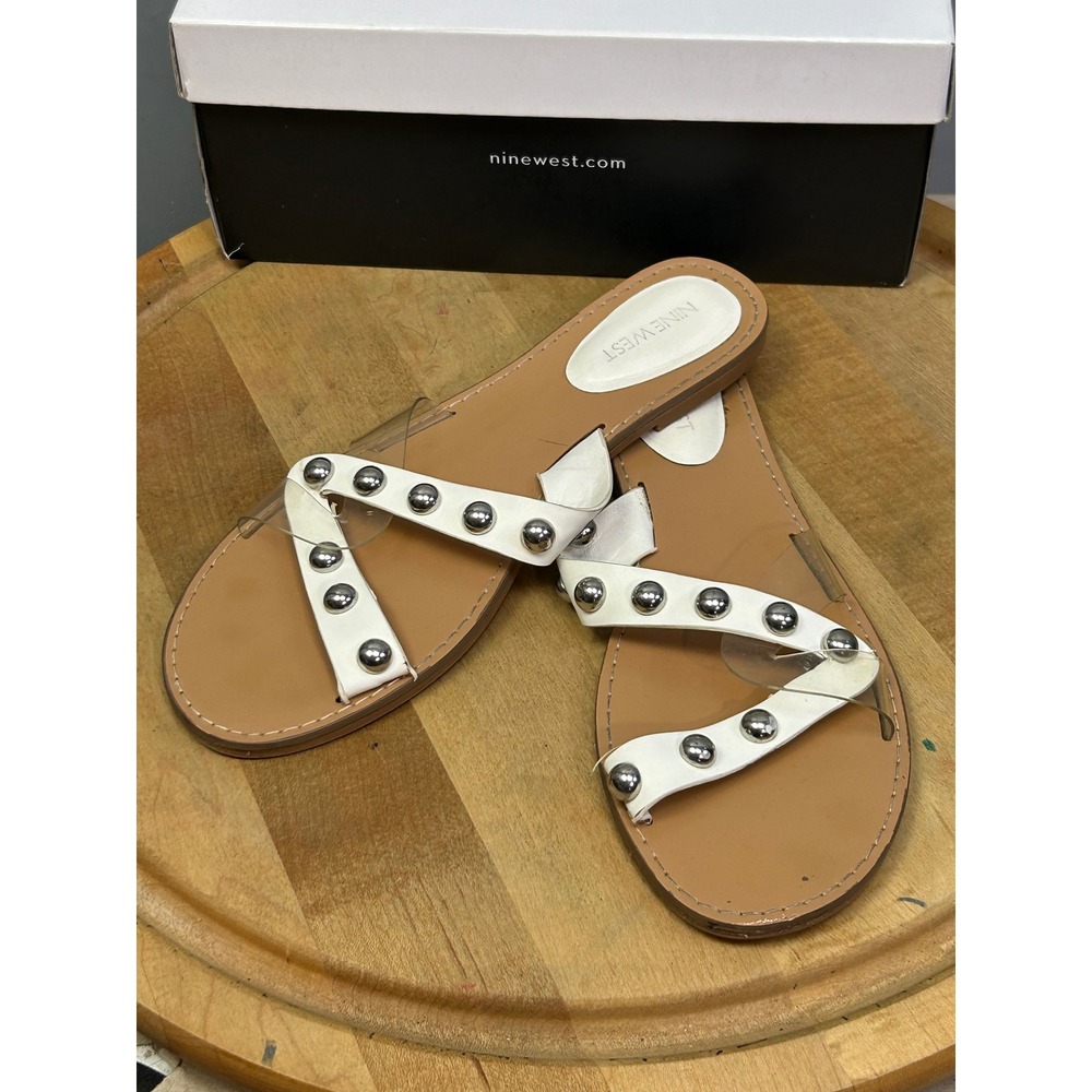 Nine‎ West Sandals Women 11 White Chime3 Studded Clear Strap Slide Flat Sandals